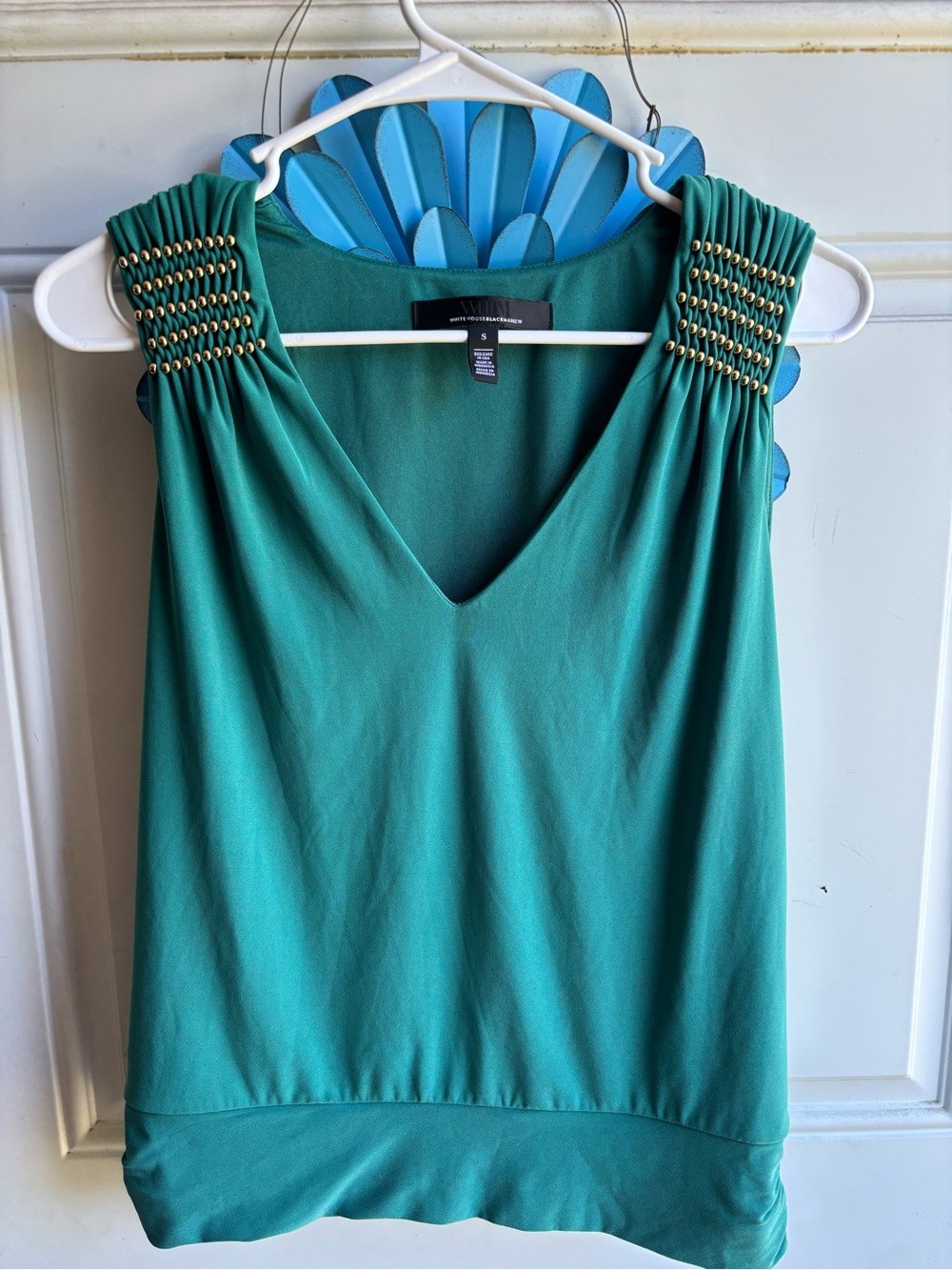 White House Black Market Teal Sleeveless V-Neck Tank with Gold Bead Shoulders